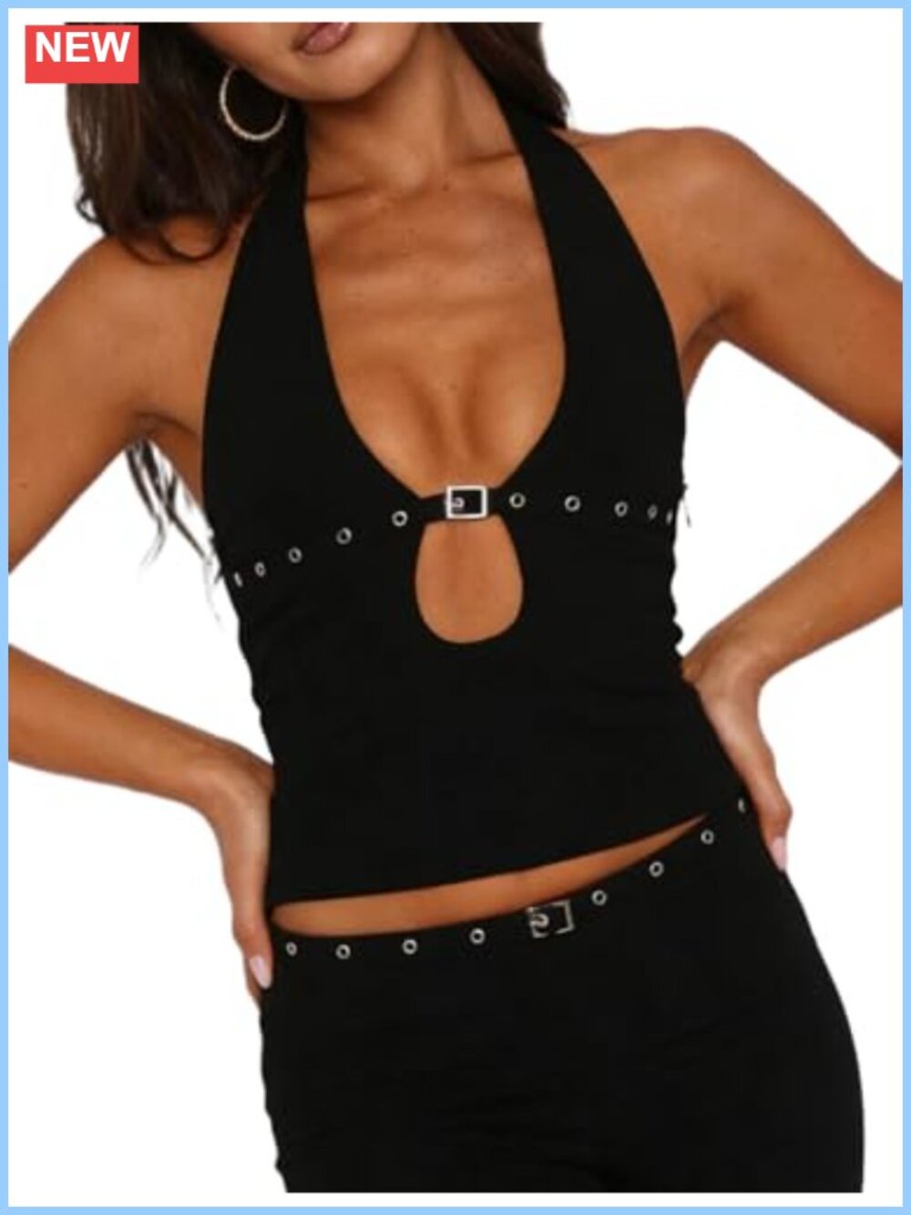 Y2K Halter Cut Out Crop Top Deep V Neck Eyelet Buckle Sleeveless Backless